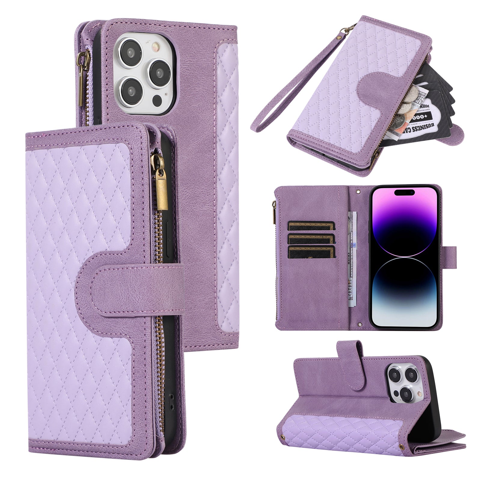 For iPhone 14 Pro Max PU Leather 9 Card Slots Phone Case Imprinted Zipper Pocket Wallet Cover with Stand For iPhone 14 Pro Max PU Leather 9 Card Slots Phone Case Imprinted Zipper Pocket Wallet Cover with Stand